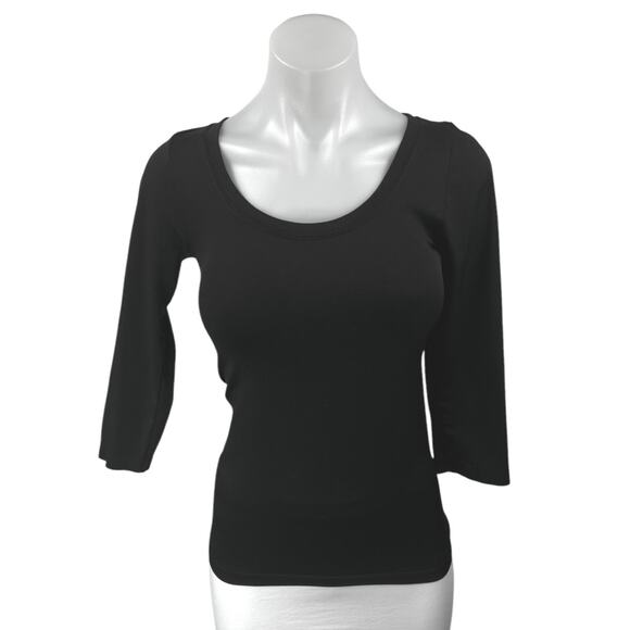 Sugar Lips Black Knit 3/4 Sleeve Scoop Neck Slim Fit Blouse Shirt Top One Size - Picture 1 of 3